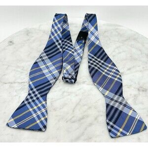 Haspel Silk Bow Tie Blue Yellow Plaid Pattern 2.25” Wide Self Tie Bowtie